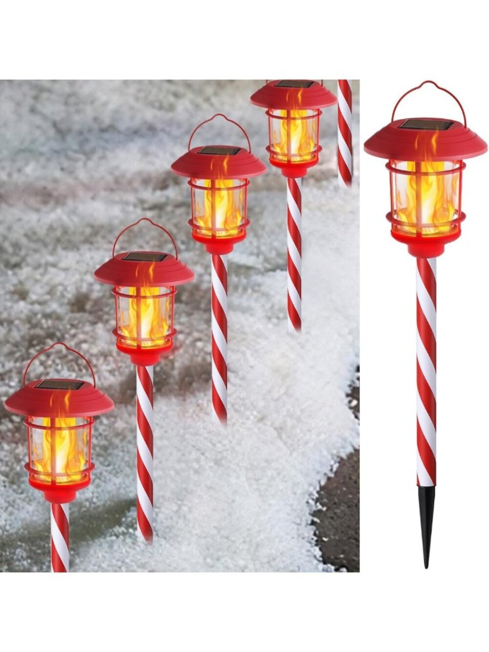 6 Pack Solar Flame Garden Lights - Flickering Torch & Candy Cane Pathway